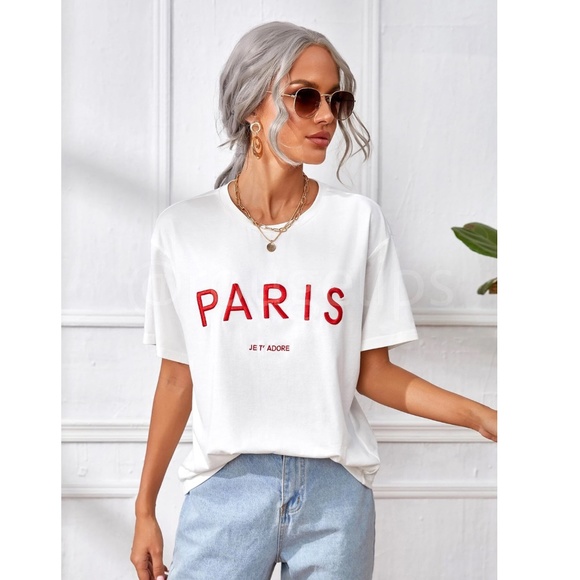 White Tee Red Embroidery Text Print Shirt Short Sleeve, Drop Shoulder Oversized - Picture 3 of 12